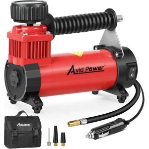 imageAVID POWER 12V DC Tire Inflator Portable Air Compressor Compact Air Pump wCopper Motor Easy Operation 12V Tire Pump wCarrying Case ampamp 3 AdaptersRed