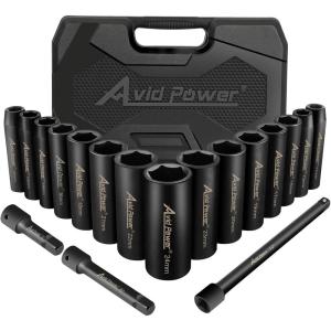 imageAVID POWER 18pcs 12inch Drive Impact Socket Set 1024mm Metric Sizes Sockets and 3 5 10 Extension Bar 6 Point CrV Steel Socket Set