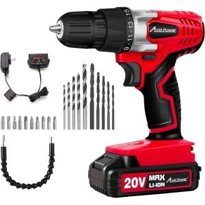 imageAVID POWER 20V MAX Lithium lon Cordless Drill Set Power Drill Kit with Battery and Charger 38Inch Keyless Chuck Variable Speed 16 Position and 22pcs Drill Bits Red1red