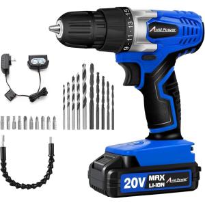imageAVID POWER 20V MAX Lithium lon Cordless Drill Set Power Drill Kit with Battery and Charger 38Inch Keyless Chuck Variable Speed 16 Position and 22pcs Drill Bits Red4blue