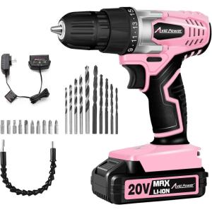 imageAVID POWER 20V MAX Lithium lon Cordless Drill Set Power Drill Kit with Battery and Charger 38Inch Keyless Chuck Variable Speed 16 Position and 22pcs Drill Bits Red2pink