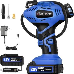 imageAVID POWER Cordless Tire Inflator Portable Air Compressor 20V Rechargeable Battery Powered Car Tire Pump w 12V DC Adapter Digital Pressure Gauge Air Pump for Car Bike Motorcycle BallBlue