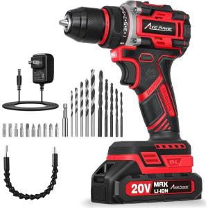 imageAVID POWER Brushless Power Drill Set 20V Cordless Drill Driver Kit with 20Ah Battery and Charger 38Inch Metal Chuck 355 Inlbs Torque 2Variable Speed 26 Position and 22pcs Accessories1red