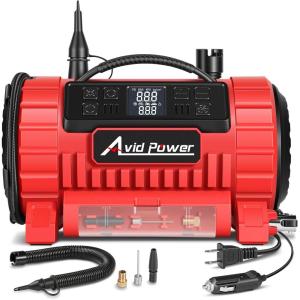 imageAVID POWER Tire Inflator Portable Air Compressor 12V DC110V AC Car Tire Pump with Inflation and Deflation 5 Preset Modes Digital LCD Pressure Gauge for Car Tires Air Mattress and Small InflatableDark Red