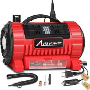 imageAVID POWER Tire Inflator Portable Air Compressor 12V DC110V AC Car Tire Pump with Inflation and Deflation 5 Preset Modes Digital LCD Pressure Gauge for Car Tires Air Mattress and Small InflatableRed